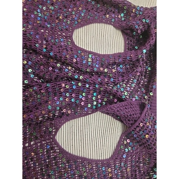 BCBGMAXAZRIA Women's 100% Silk Purple Knit Shrug With Blue Sequins Size M - Picture 7 of 7